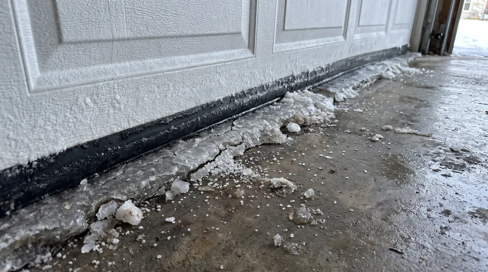 Rubber bottom seal of a garage door frozen into ice on the concrete floor