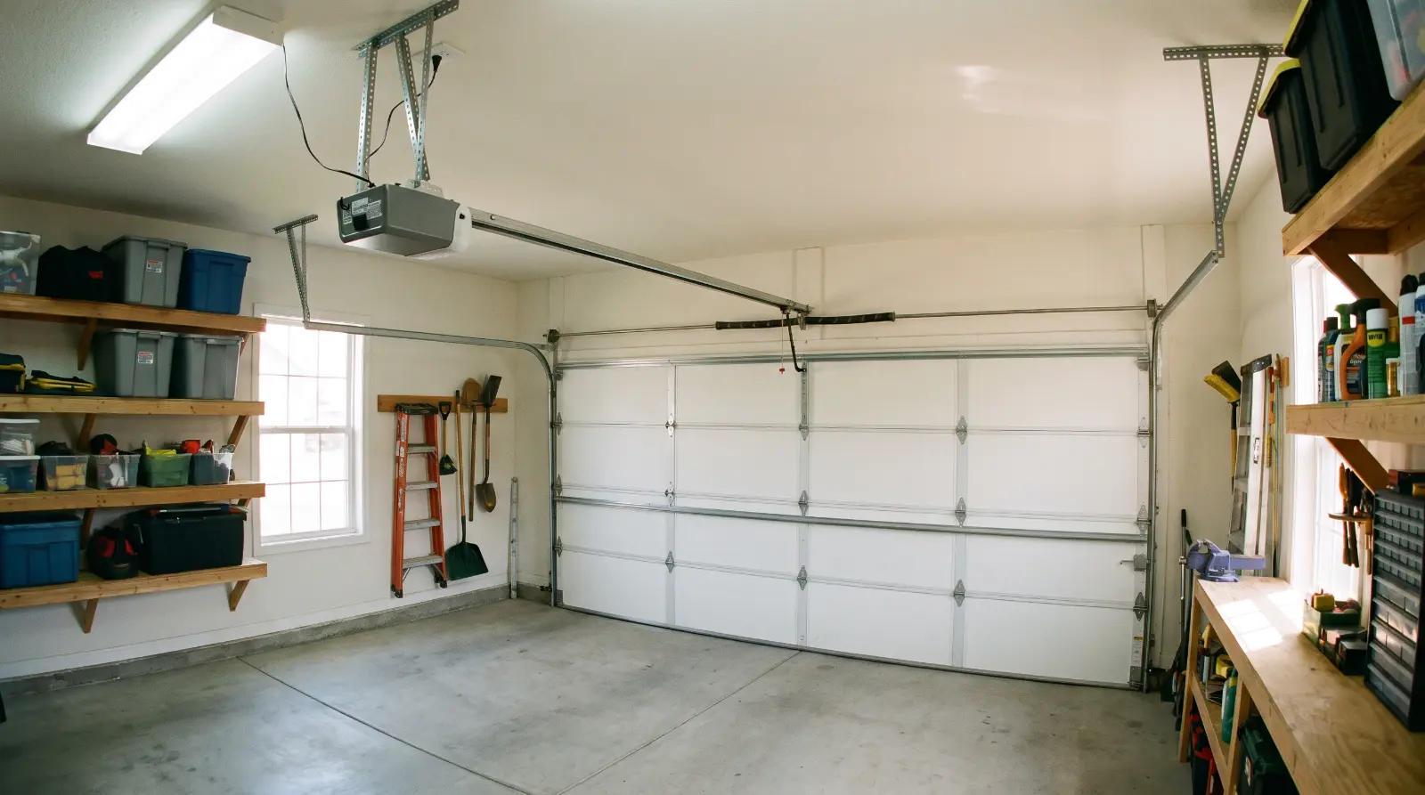Belt drive garage door opener on a ceiling rail