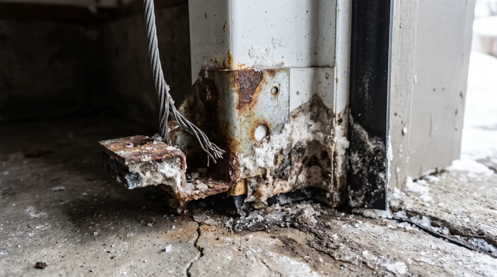 Heavily rusted bottom bracket and lift cable at the base of a garage door