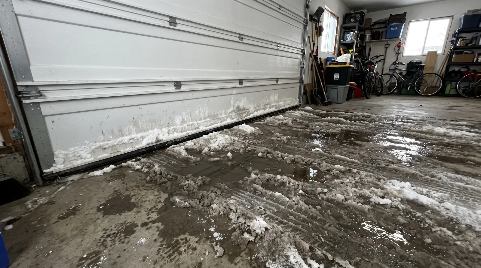 Road salt slush puddled on a garage floor in front of the door